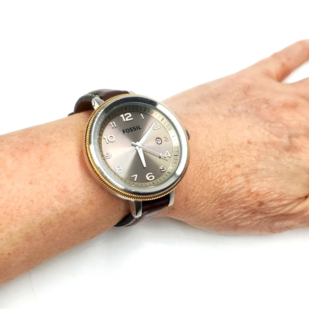 Fossil Watch AM-4304 Silver Gold Watch Brown Leather Band